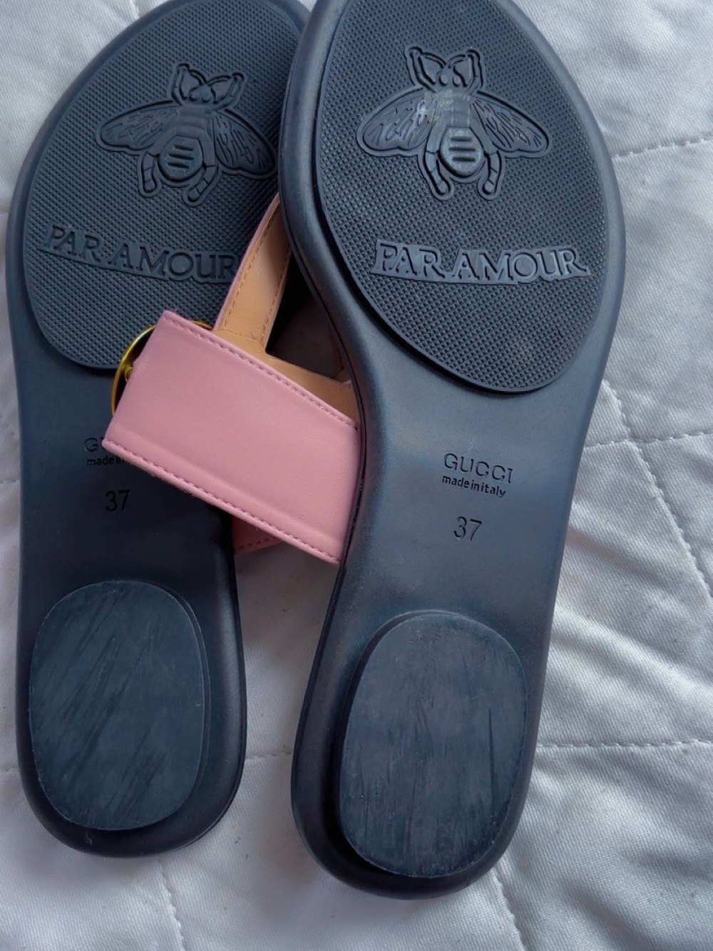 Gucci Pink and Black Slide Sandals with Gold-Tone Accent